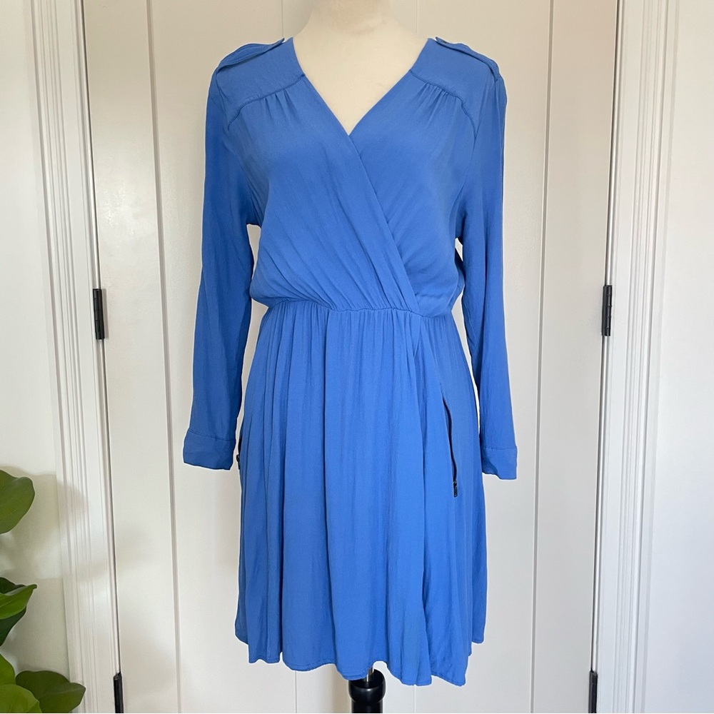 Maeve from Anthropology-Blue Faux Wrap Dress with Pockets-women’s medium